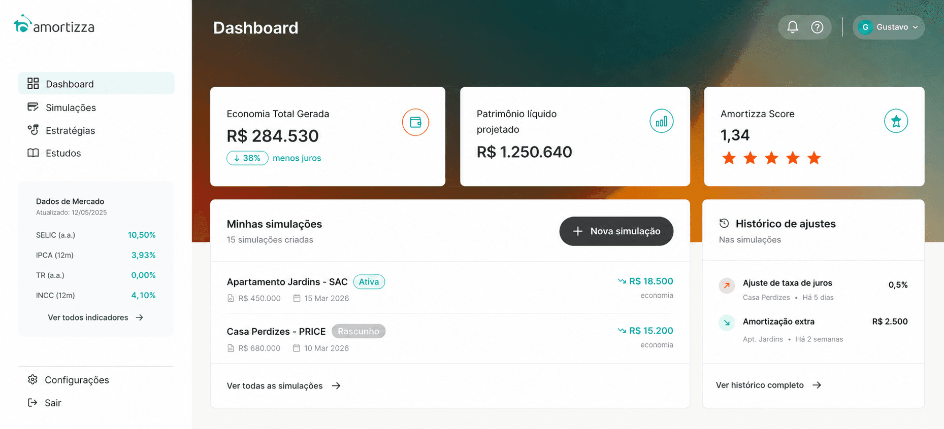 Preview do dashboard da Amortizza mostrando simulações e economia gerada