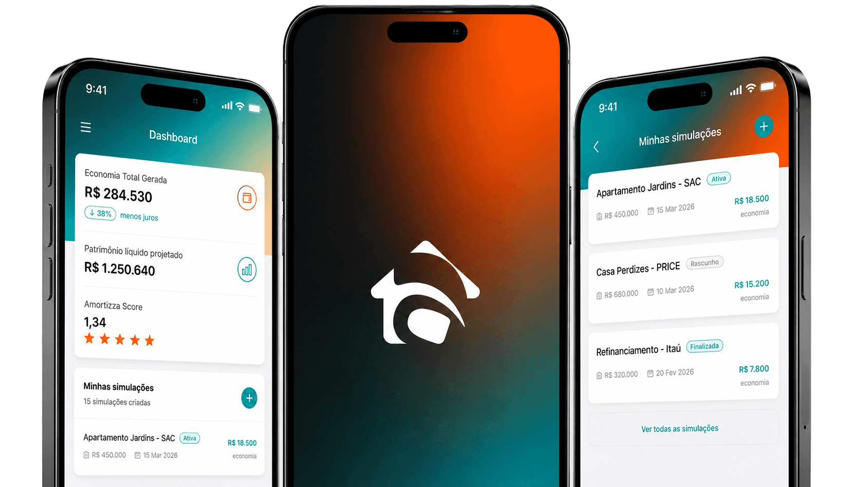 Preview do aplicativo Amortizza — telas de Dashboard e Simulações