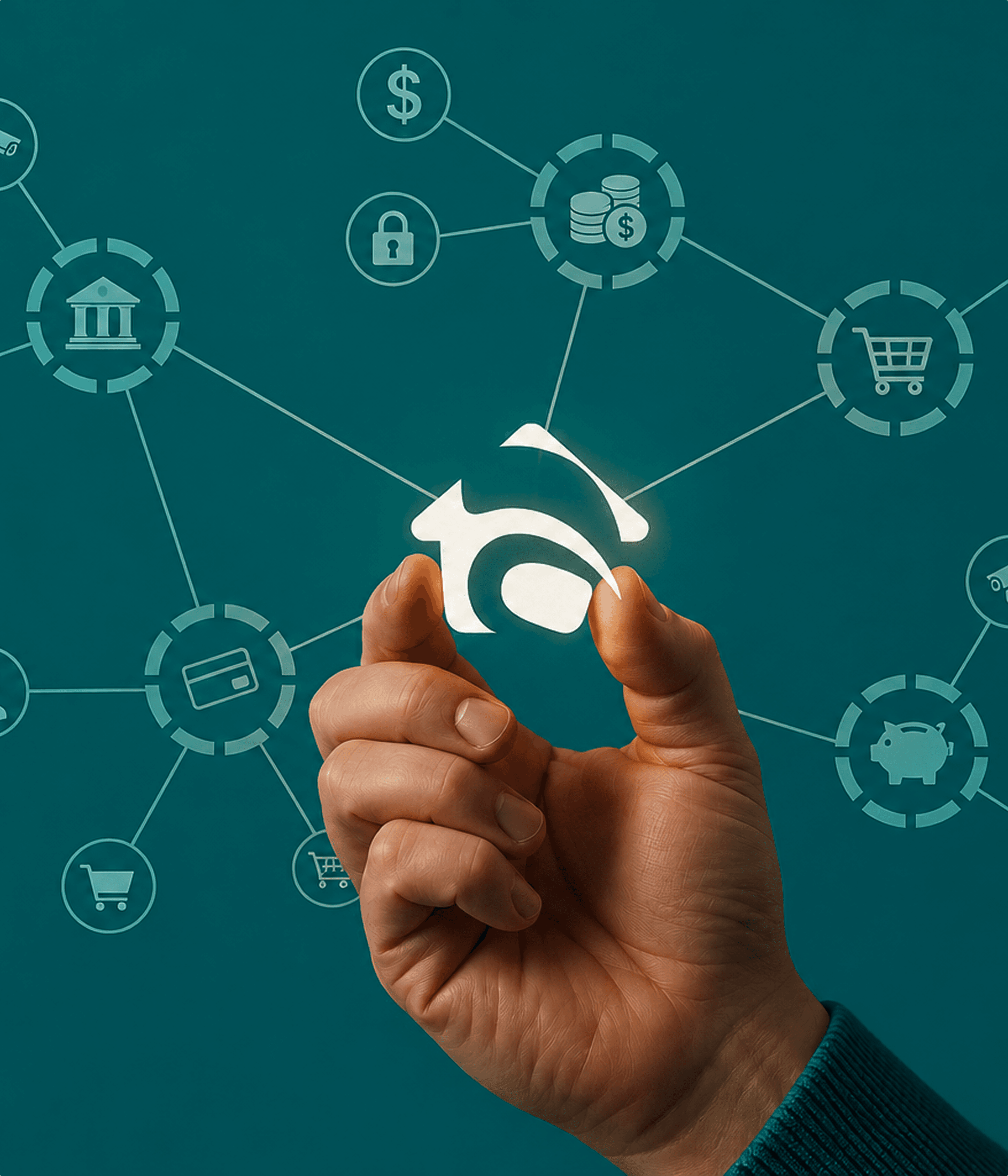 Mão segurando o logo da Amortizza com ícones de finanças conectados ao fundo, representando Open Finance.
